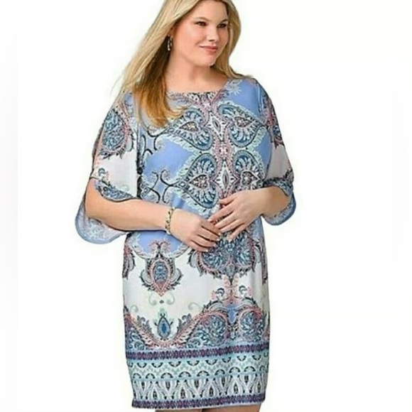 Roz & Ali Women’s 14 Scoop-Neck 3/4 Cut Out Sleeves Paisley Sheath Mini Dress - Picture 1 of 10